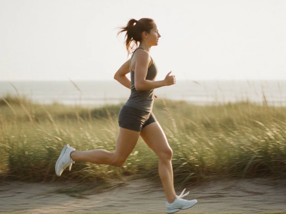Woman running on a beach trail at midday