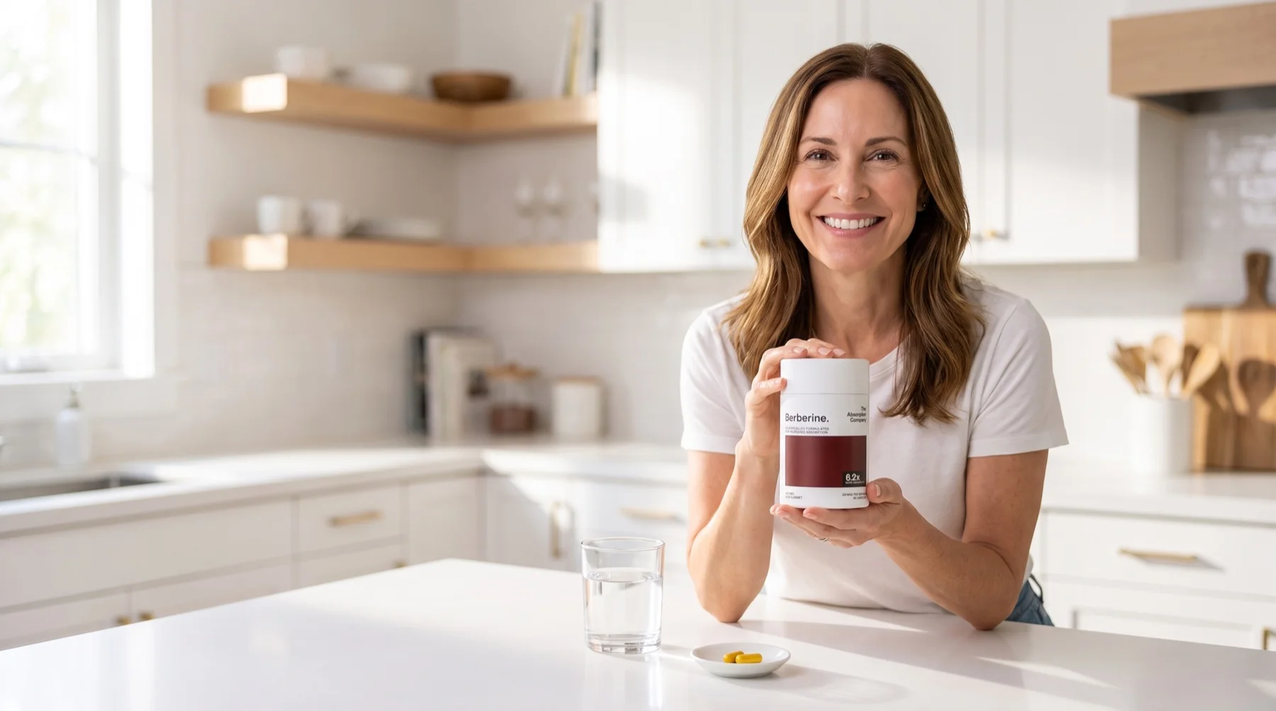 A woman in her late 40s in a bright kitchen holding The Absorption Company Berberine bottle, with a glass of water and two capsules on the counter