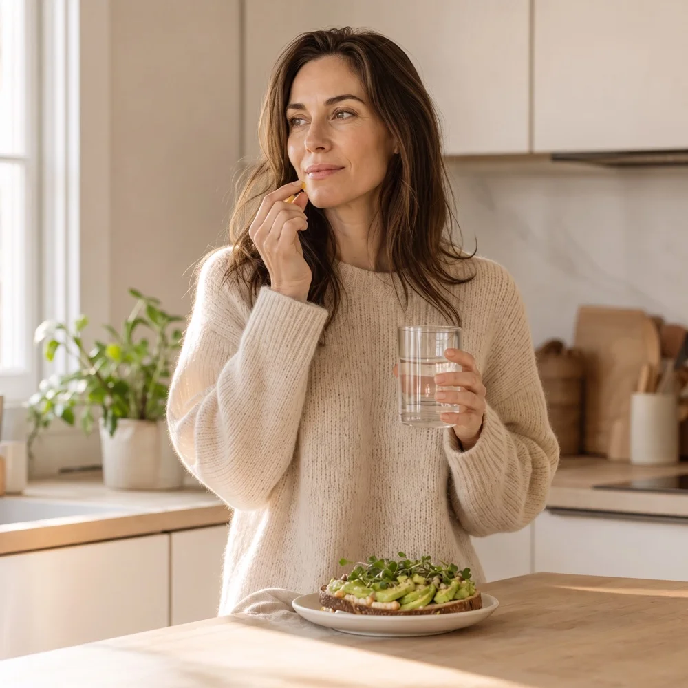 Taking The Absorption Company Berberine with water and breakfast in the kitchen