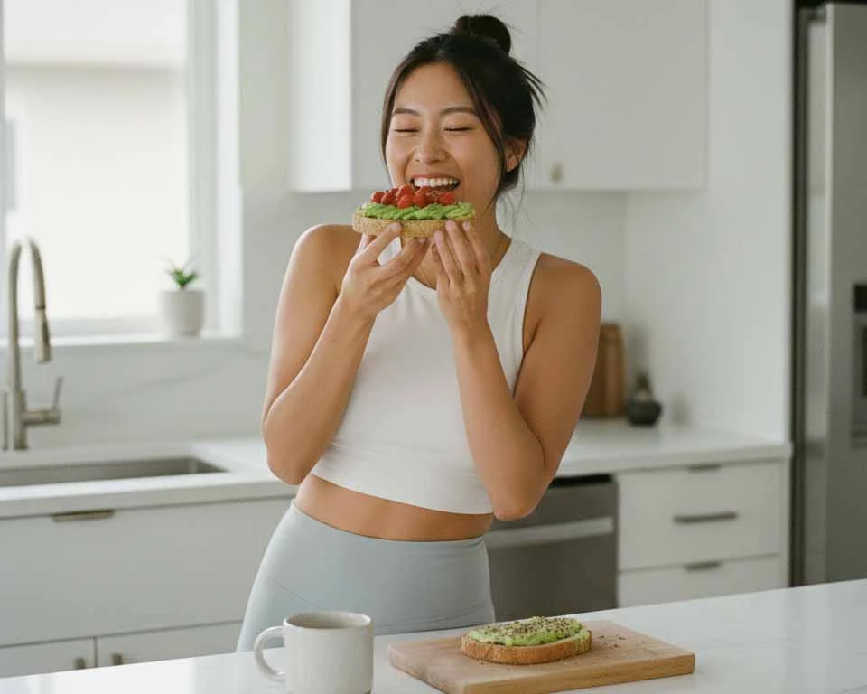 Eating breakfast at home in a bright kitchen