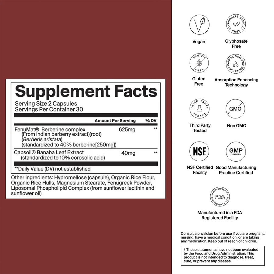 The Absorption Company Berberine supplement facts label with certification icons